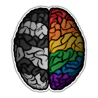 Large realistic brain filled with the colors of the LGBT Ally pride flag.