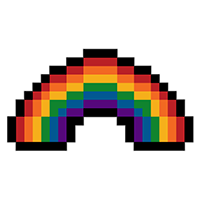 LGBTQ pride pixel rainbow in the shape of a traditional rainbow.