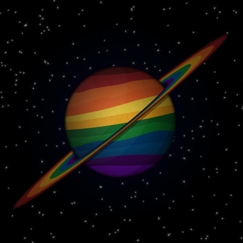 Large planet with rings in the colors of the LGBTQ rainbow pride flag.