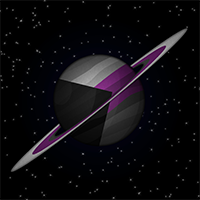 Large planet with rings in the colors of the Demisexual pride flag.