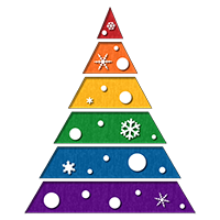 LGBT Rainbow Colored Minimalist Christmas Tree Silhouetted with White Ornaments and snow.