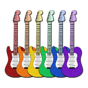 Six pixel guitars, one in each color of the LGBTQ pride rainbow, stacked side by side.
