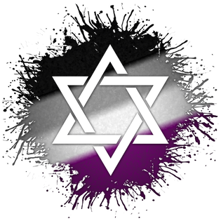 Star of David symbol silhouetted out of Asexual flag paint splatter.