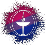 Unitarian Universalism symbol silhouetted out of Bisexual flag paint splatter.