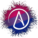 Atheist symbol silhouetted out of Bisexual flag paint splatter.