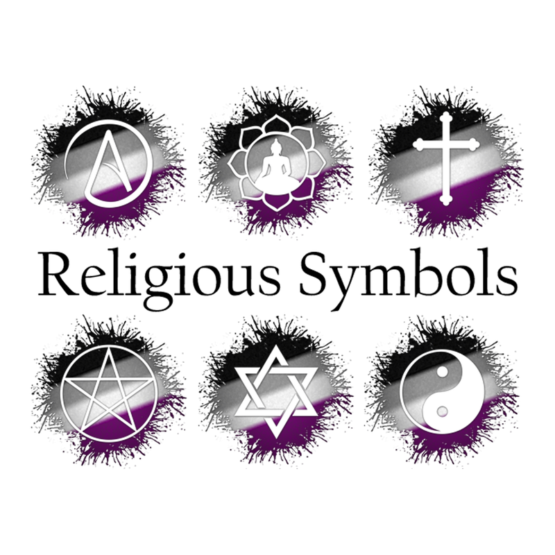 An assortment of various Religious symbols in Asexual Pride flag colors.