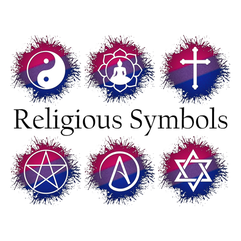 An assortment of various Religious symbols in Bisexual Pride flag colors.