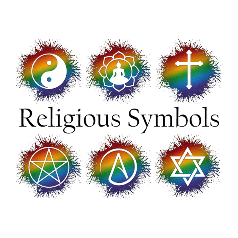 An assortment of various Religious symbols in Rainbow LGBT Pride flag colors..